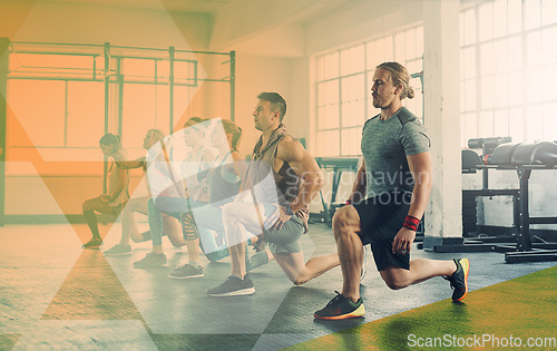 Image of Fitness, group and gym for lunge exercise, workout and training. Athlete men and women or team together to focus on strong muscle, legs or power challenge at a wellness club or class with a overlay