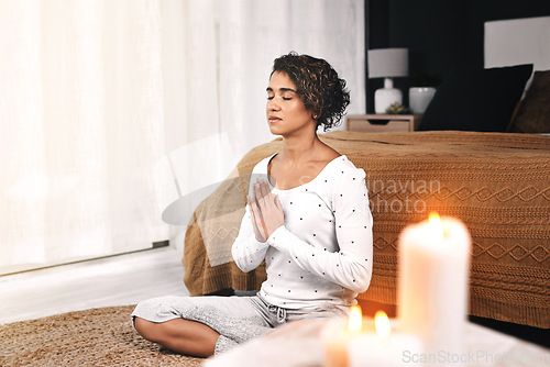 Image of Woman, namaste and meditation exercise in home bedroom for peace, mental health and calm chakra. Female person with prayer hands to meditate for spiritual healing, zen and holistic yoga to relax