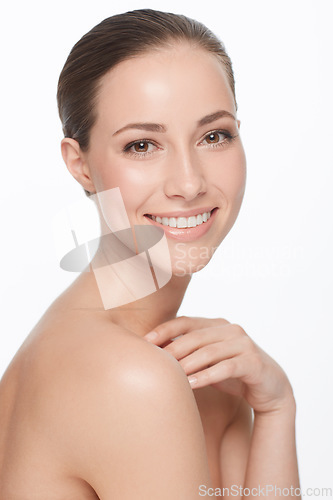 Image of Portrait, smile and woman with beauty, dermatology and confident girl isolated against a white studio background. Face, female person and model with skincare, salon treatment and grooming with luxury