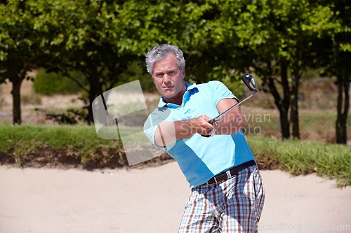 Image of Sports, golf course and elderly man with driver swing outdoors for fitness, training and practice. Golfing, club and senior male golfer enjoying retirement with active, hobby and exercise outside