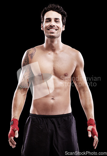 Image of Boxer, body and portrait on black background in studio with professional training at the gym. Man, model and boxing champion train for fight at a competition during a workout for fitness and muscle.