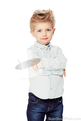 Image of Happy, boy and arms crossed in portrait in studio with white background with shirt for youth. Young, kid and face with smile for happiness in stylish clothes for confident child with motivation.