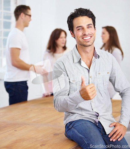 Image of Man, thumbs up and portrait for success in office meeting teamwork, achievement and yes, ok or like sign for startup. Face of happy person and okay, thank you or agreement emoji or hand in management