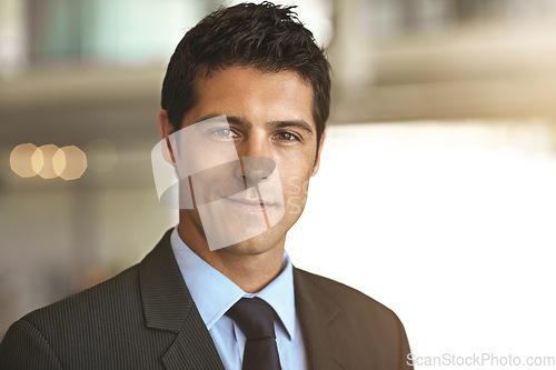 Image of Portrait, smile and business man, professional employee or lawyer in a suit with career mindset and confidence in bokeh. Face of a corporate person, attorney worker or USA agent for job or company