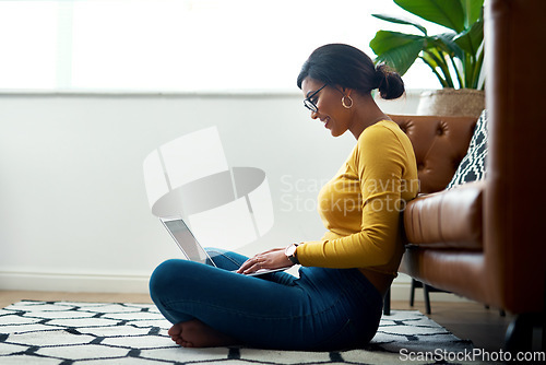 Image of Floor, laptop and woman for work from home, studying and e learning or education on college website. Relax, carpet and young person or student on computer, internet connection elearning platform