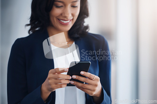 Image of Entrepreneur, happy and woman with a cellphone, mobile app or typing with connection, social media or sms. Female person, lady or employee with a smartphone, communication or search internet for info