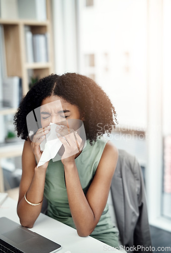 Image of Allergies, blowing nose or sick woman in office or worker with hay fever sneezing or illness in workplace. Female sneeze or business person with toilet paper tissue, allergy virus or disease at desk