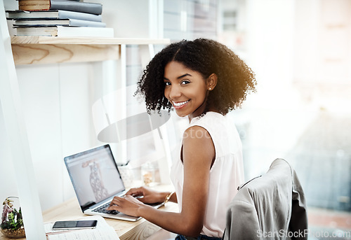 Image of Typing, laptop and portrait of woman in office planning, online research and fashion blog for business startup. Clothes, creative and face of African person on technology, computer or website design