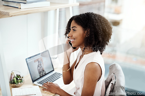 Image of Computer, phone call and fashion woman with ideas, planning or networking in e commerce, small business or online startup. Happy design ideas of person on mobile, laptop and feedback for clothes chat