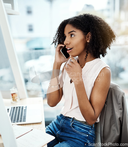 Image of Phone call, talking and young woman in office for feedback, news or online discussion at startup business. Happy african person thinking and listening on cellphone, mobile or voip for client ideas