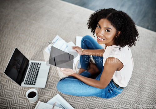 Image of Tablet, laptop and documents of woman portrait on floor in work from home planning, screen and budget in startup business. Young person on digital tech, computer and happy paperwork, invoice or taxes