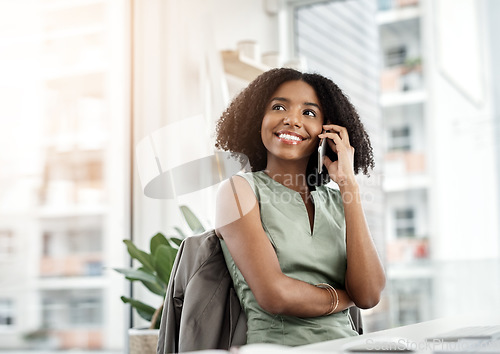 Image of Phone call, thinking and happy woman in office for business communication, networking and feedback in workplace. Young african person listening, talking or speaking on mobile voip with career vision