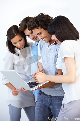 Image of Laptop, team and business people streaming online, internet and web video on social media or working in collaboration. Teamwork, planning and employees brainstorming for startup company