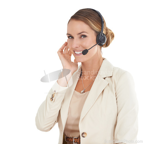 Image of Call center, smile and portrait of woman in studio for communication, contact us and customer service. Digital, technology and connection with female employee isolated on white background for mockup