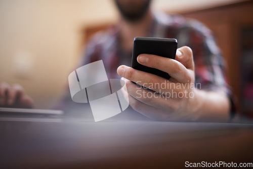 Image of Closeup, phone and hand of man for communication, social media and contact. Text message, internet and technology with male person and typing on mobile for connection, online and digital app