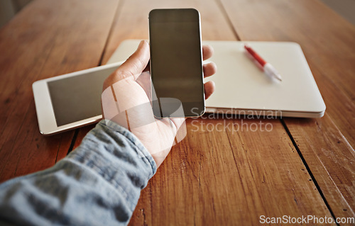 Image of POV, hand and smartphone with screen, connection and network with communication, email and contact. Closeup, person or cellphone with mobile app, social media or typing with technology, website or pc