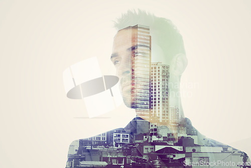 Image of Business man, face and city with double exposure, thinking with professional mindset and mockup space. Urban overlay with cityscape, corporate male person with career, skyscraper and ambition