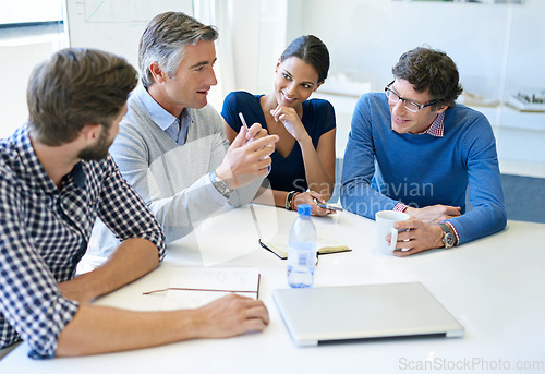 Image of Planning, strategy and mentor with business people in meeting for idea, project management and teamwork. Review, collaboration and branding with employees in boardroom for brainstorming solution