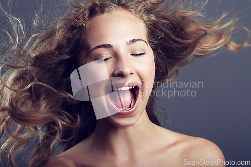Image of Beauty, eyes closed and hair care of woman shouting in studio isolated on a gray background. Natural, makeup cosmetics and skincare of female model with long hairstyle, growth and salon treatment.