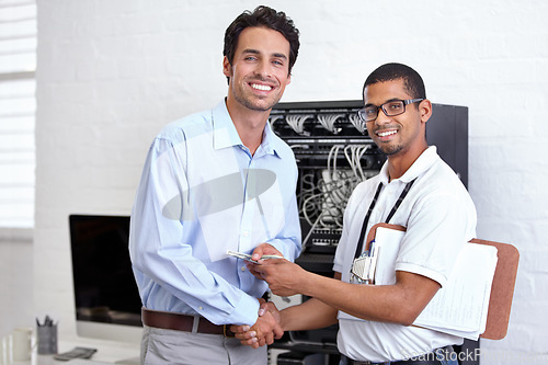 Image of Portrait, handshake or payment with an engineer and business man in the server room for cyber security. Network, database and money with male employee paying a technician for service or maintenance