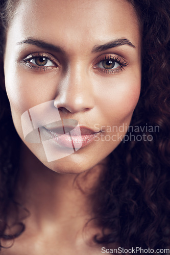 Image of Smile, beautiful and portrait of a model woman with happiness, calm and smiling with a closeup. Happy, eyes and face of a young girl looking feminine, attractive and with facial makeup for confidence