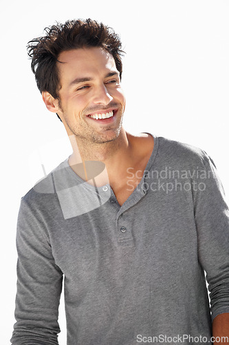 Image of Happy, model or man laughing with fashion, trendy or cool casual clothes with a smile in Germany. Style, young or funny handsome person with a stylish modern outfit isolated on white background