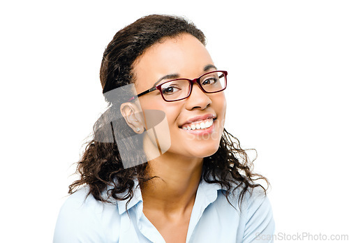 Image of Black woman, portrait or fashion glasses on isolated white background for future ideas, success mindset or smart target goals. Smile, happy or business worker and vision eyes care on mock up backdrop