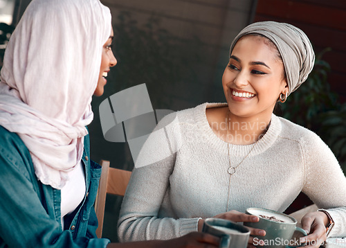 Image of Friends, coffee shop and muslim with women in cafe for conversation, food and social. Happy, relax and culture with arabic female customer in restaurant for discussion, happiness and meeting