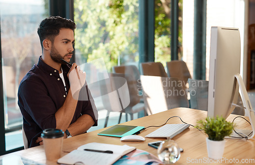 Image of Man, computer and designer thinking of idea with a drawing pen at desk while online for creative editor work. Male entrepreneur person with internet connection and pad for graphic design project