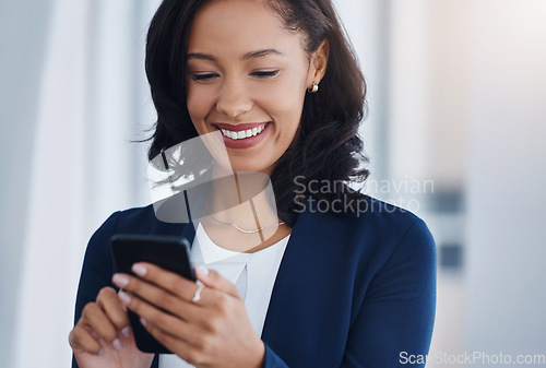 Image of Happy, employee or woman with a cellphone, mobile app or connection with social media, chatting or check emails. Female person, consultant or entrepreneur with smartphone or search website for info