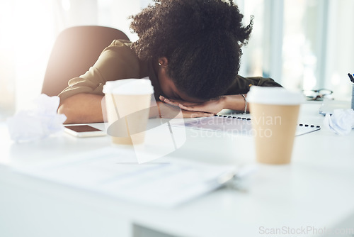 Image of Stress, sleeping and tired business woman in office with fatigue, overworked and exhausted from working. Burnout, nap and African female worker overwhelmed for deadline, workload and pressure at desk