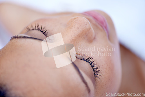 Image of Skincare, face and woman with eyelash extension in spa or salon. Facial treatment or cosmetics, marketing or advertisement for beauty products and dermatology or cosmetology with person