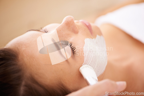 Image of Beauty, face mask and woman with beauty, spa and treatment with grooming, skincare and dermatology. Female person, model or girl with organic facial, detox and cleanse with smooth, clear or soft skin