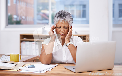 Image of Stress, headache and woman on laptop in office administration for migraine, burnout or mistake. Brain fog, problem or migraine of senior business person massage temple and planning on her computer