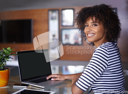 Image of Laptop, portrait and woman for work from home opportunity, creative freelancer career and happy job mindset. Face of young African person or remote worker smile while working on computer screen