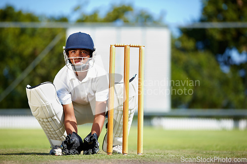 Image of Cricket, sports and a man as wicket keeper on a pitch for training, game or competition. Male athlete behind stumps with gear for action, playing professional sport and exercise for fitness or mockup