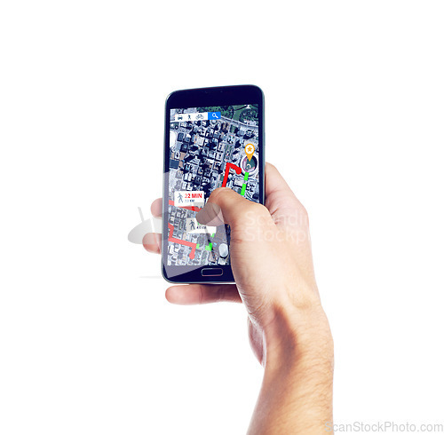 Image of Hands with phone, screen or gps location for city travel on road map or direction route on white background. Mockup or person with mobile app ux display of journey trip, navigation or virtual guide