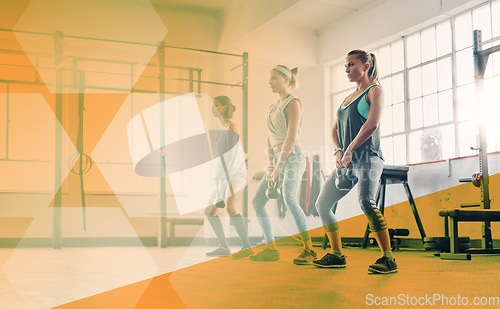 Image of Fitness, women or group with a kettlebell at gym for exercise, workout and training. Athlete people or team together for strong muscle, weight or power challenge at wellness club with mockup overlay