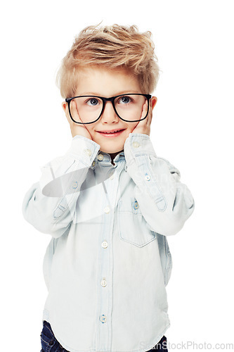 Image of Cute, thinking and a little boy with glasses and a smile isolated on a white background. Happy, idea and a kindergarten child with student eyewear for intelligence and fashion on a studio backdrop