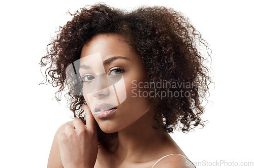 Image of Beauty, serious and portrait of African woman on white background with makeup, glowing skin and glamour. Beautiful, spa mockup and face of female person with natural cosmetics, skincare and wellness