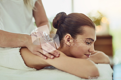 Image of Relax, beauty and massage with woman in spa for wellness, luxury and cosmetics treatment. Skincare, peace and zen with female customer and hands of therapist for physical therapy, salon and detox