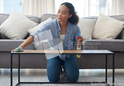 Image of Woman, cloth and cleaning home or table with detergent for dust, bacteria or dirt in living room. Happy female person or cleaner with spray bottle or product to clean wood furniture for housekeeping