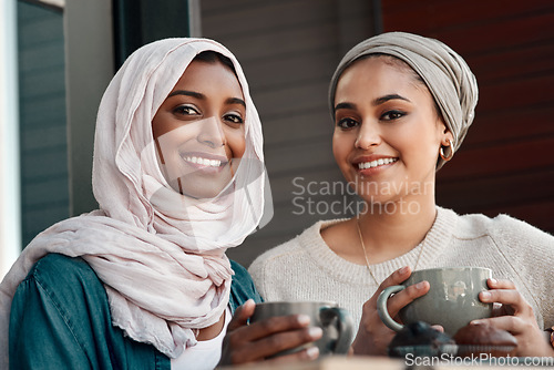 Image of Friends, coffee and portrait of Muslim women in cafe for smile, food and social. Happy, relax and culture with arabic female customer in Dubai restaurant for drink, happiness and meeting