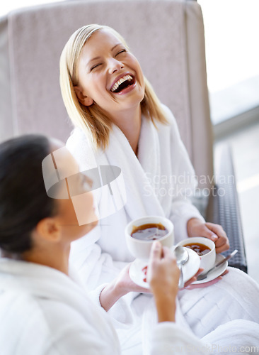 Image of Laughing, talking and friends drinking tea at spa before luxury, beauty and self care treatment. Happy, funny and women bonding, in conversation and enjoying warm beverage together at wellness salon.