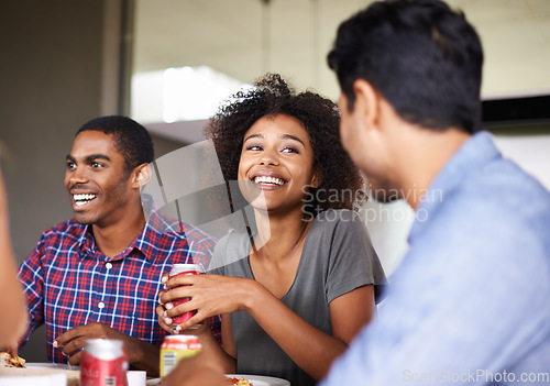 Image of Happy woman, drinks or friends eating in restaurant on holiday vacation bonding or laughing together. Smile, diversity or funny people relaxing with sodas at lunch gathering or party with fast food