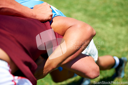 Image of Rugby, scrum and men with fitness, closeup and match with energy, competition and training. Zoom, professional players or athletes with motion, motion or exercise with practice, tackle or performance