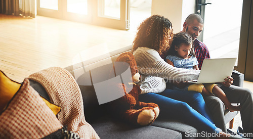 Image of Mom, dad and kid with laptop on sofa for website, internet and subscription for educational media in family home. Parents, child and watching movie on computer for online streaming, elearning and fun