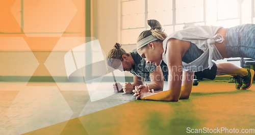 Image of Overlay, plank and couple at the gym for fitness, exercise and health together in marriage. Focus, sports and a man and woman planking for workout, training and balance performance for strength