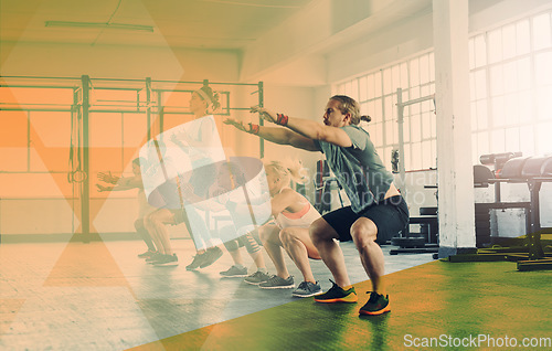 Image of Fitness, group and people squat at gym for exercise, workout and training. Athlete men and women together for strong muscle, commitment or power challenge at health club or class with mockup overlay