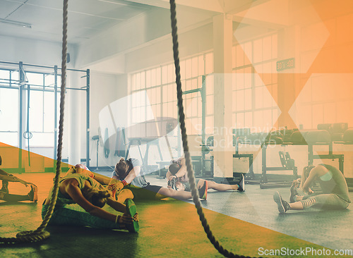 Image of Fitness, stretching and a group of people at gym for exercise, workout and training goals. Athlete men and women team together for challenge, motivation or strong muscle warm up at club with overlay